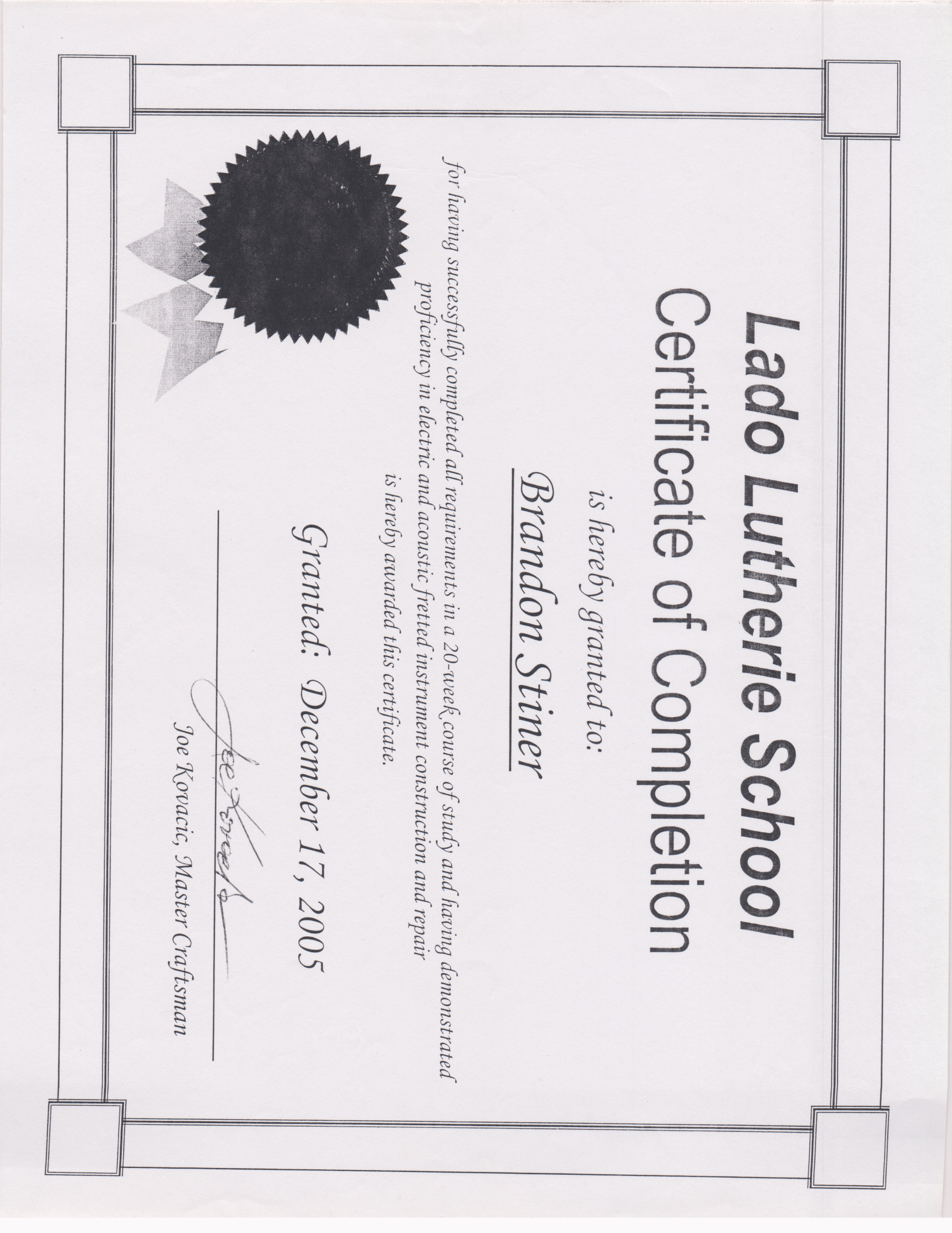 Lado Lutherie School Certificate